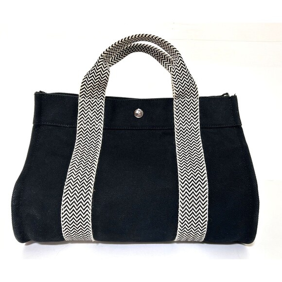HERMES Cannes MM Tote Bag Hand Bag Canvas Black x Beige w/ Pouch Authentic - Picture 2 of 16